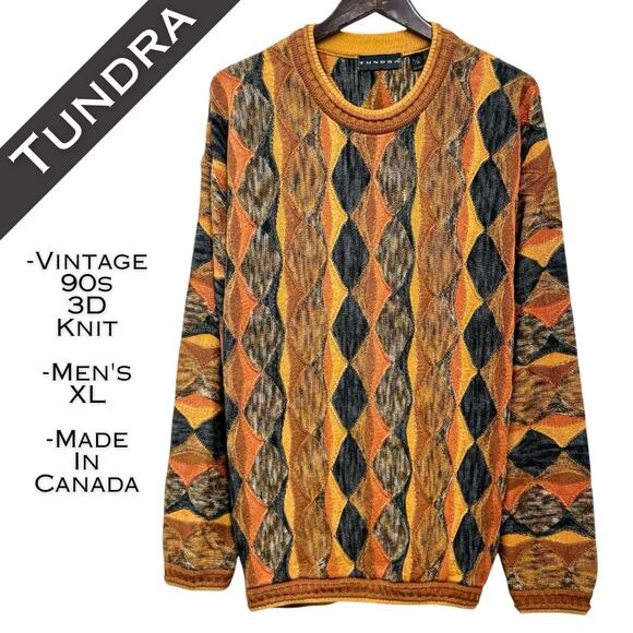 Vintage 90s Tundra Canada Coogi Style Sweater Size XL 3D Biggie Cosby Diamond - Picture 1 of 10